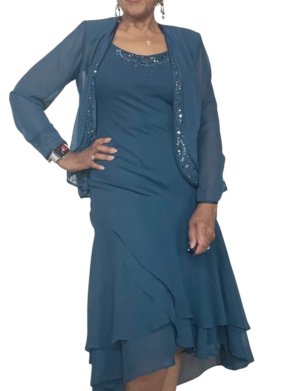 S.L. Fashions Teal Layered Midi Dress with Beaded Jacket - Picture 7 of 12
